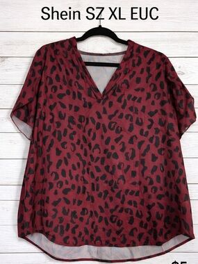 SHEIN Wine Red & Black Leopard Print V-Neck Blouse